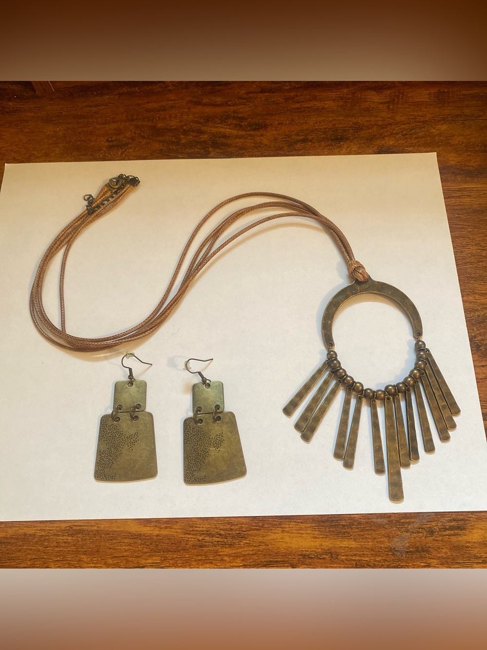 Boho Fringe Pendant Necklace and Earrings - Brown Antique Brass Look